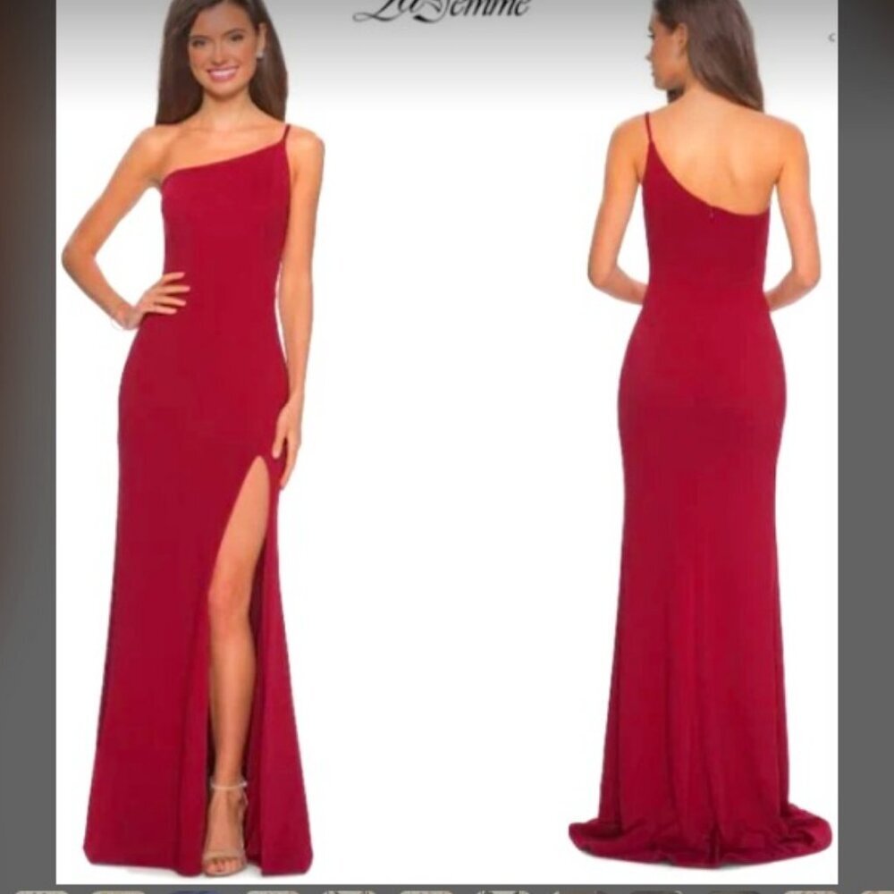 NWT LA FEMME One Shoulder Jersey Gown w Train Burgundy Red 8
